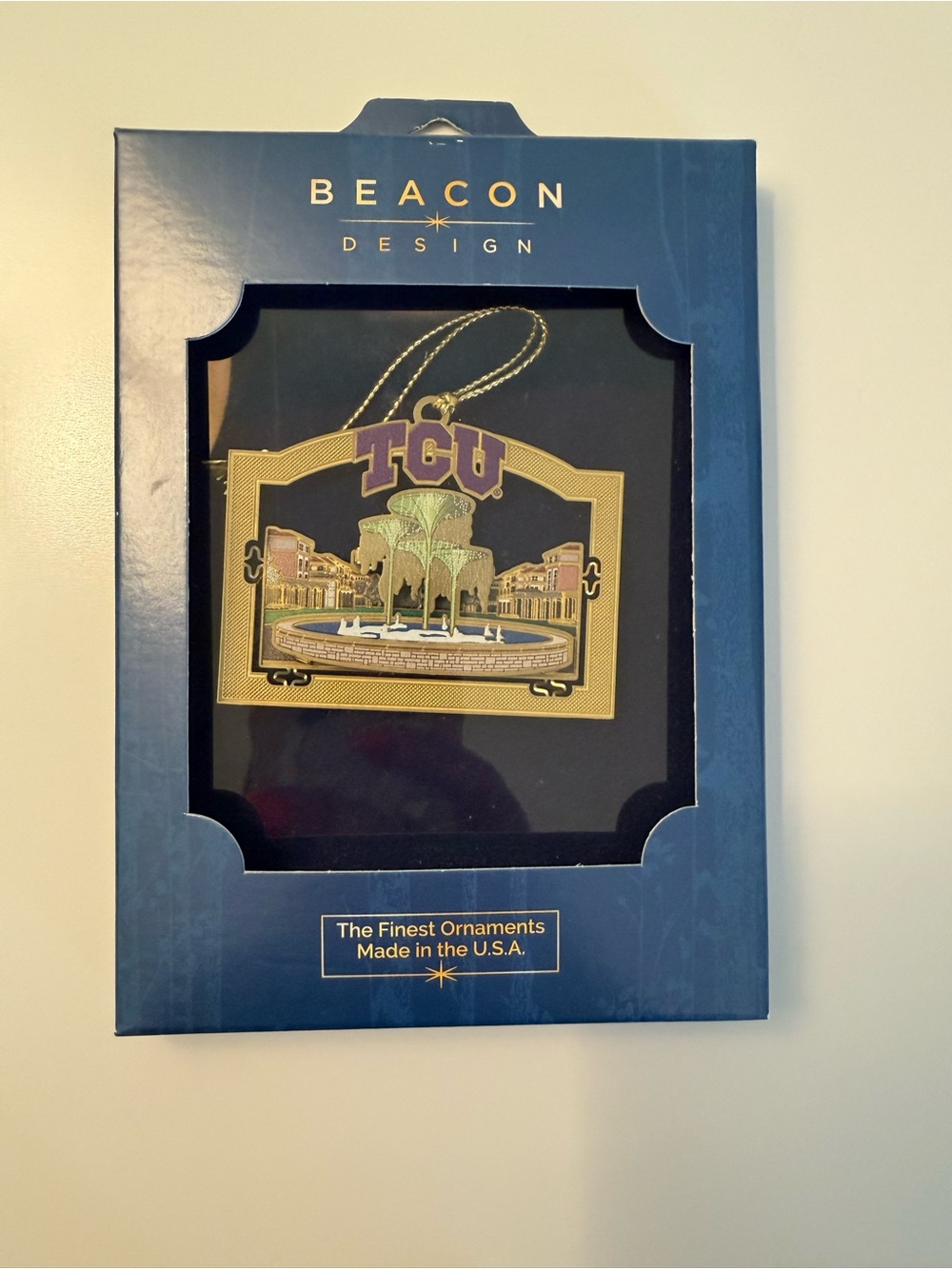 TCU Gold and Purple Fountain Ornament new in box